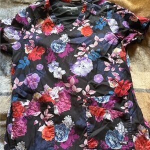 Grey's Anatomy Black V-Neck Floral Scrub Top